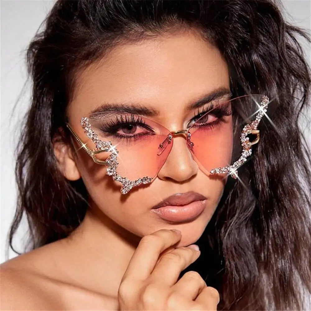 Y2K Butterfly Bling Sunglasses for Women – Oversized Rimless Rhinestone Luxury Shades, Vintage Glam Eyewear