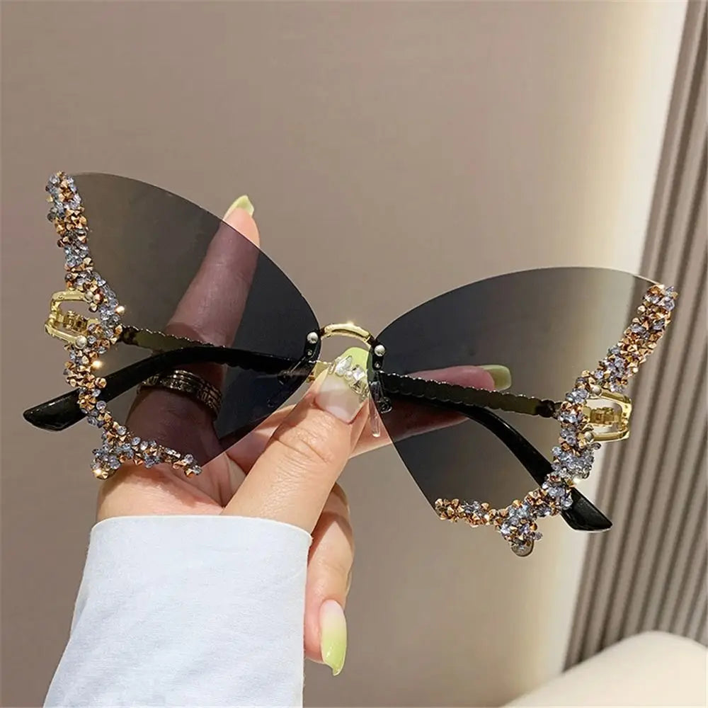 Y2K Butterfly Bling Sunglasses for Women – Oversized Rimless Rhinestone Luxury Shades, Vintage Glam Eyewear