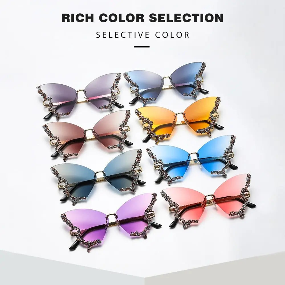 Y2K Butterfly Bling Sunglasses for Women – Oversized Rimless Rhinestone Luxury Shades, Vintage Glam Eyewear