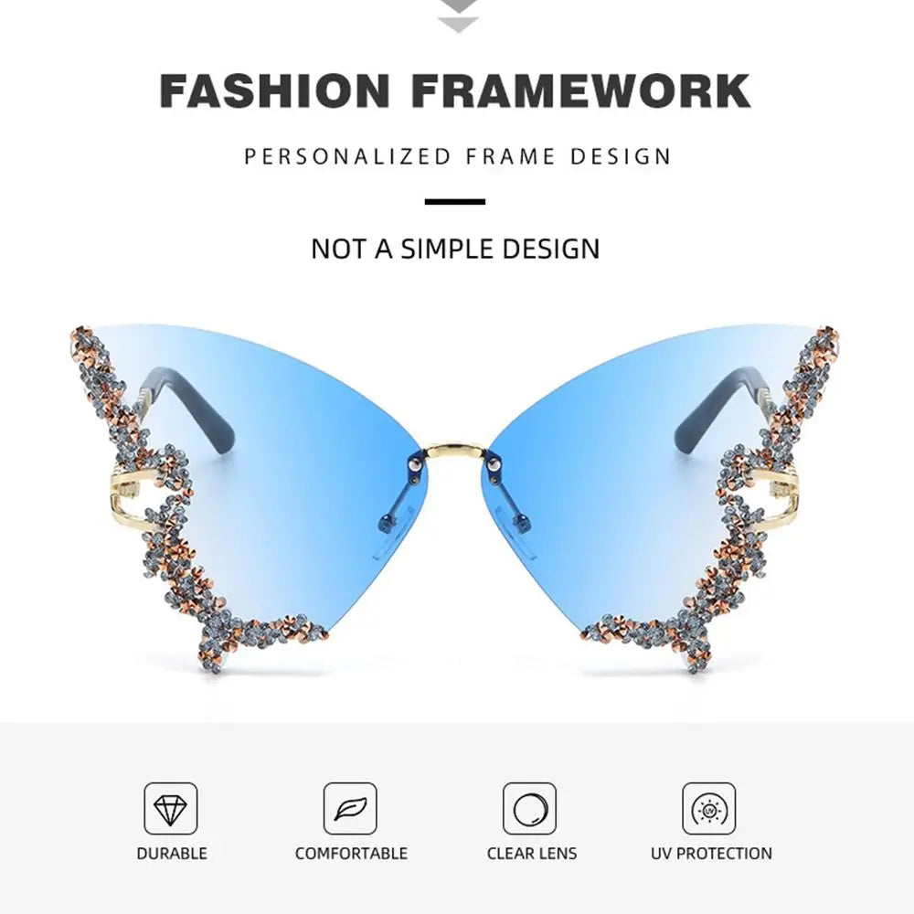 Y2K Butterfly Bling Sunglasses for Women – Oversized Rimless Rhinestone Luxury Shades, Vintage Glam Eyewear