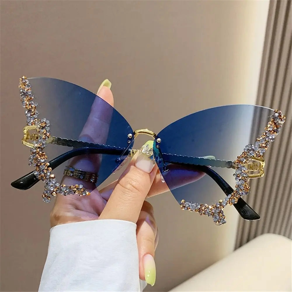 Y2K Butterfly Bling Sunglasses for Women – Oversized Rimless Rhinestone Luxury Shades, Vintage Glam Eyewear