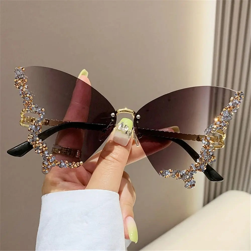 Y2K Butterfly Bling Sunglasses for Women – Oversized Rimless Rhinestone Luxury Shades, Vintage Glam Eyewear