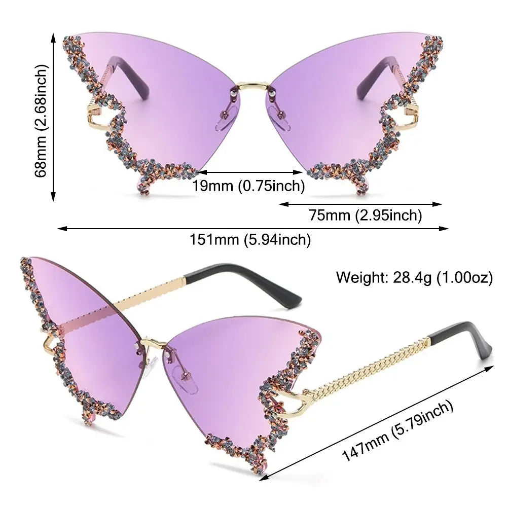 Y2K Butterfly Bling Sunglasses for Women – Oversized Rimless Rhinestone Luxury Shades, Vintage Glam Eyewear