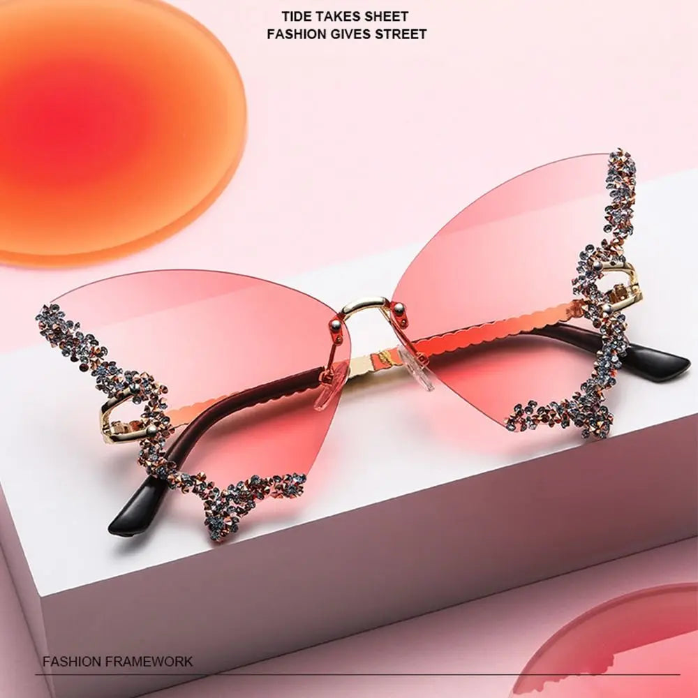 Y2K Butterfly Bling Sunglasses for Women – Oversized Rimless Rhinestone Luxury Shades, Vintage Glam Eyewear