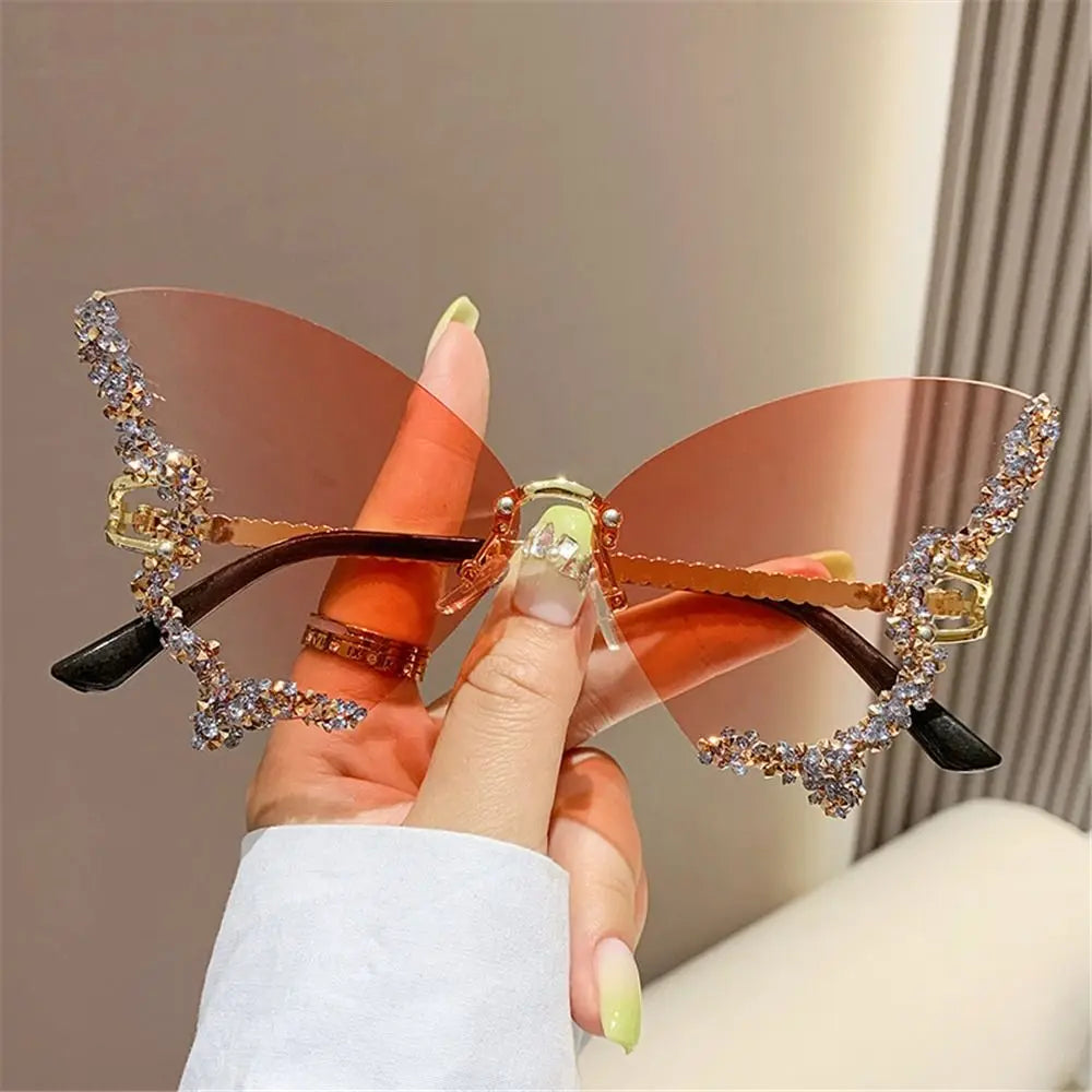 Y2K Butterfly Bling Sunglasses for Women – Oversized Rimless Rhinestone Luxury Shades, Vintage Glam Eyewear