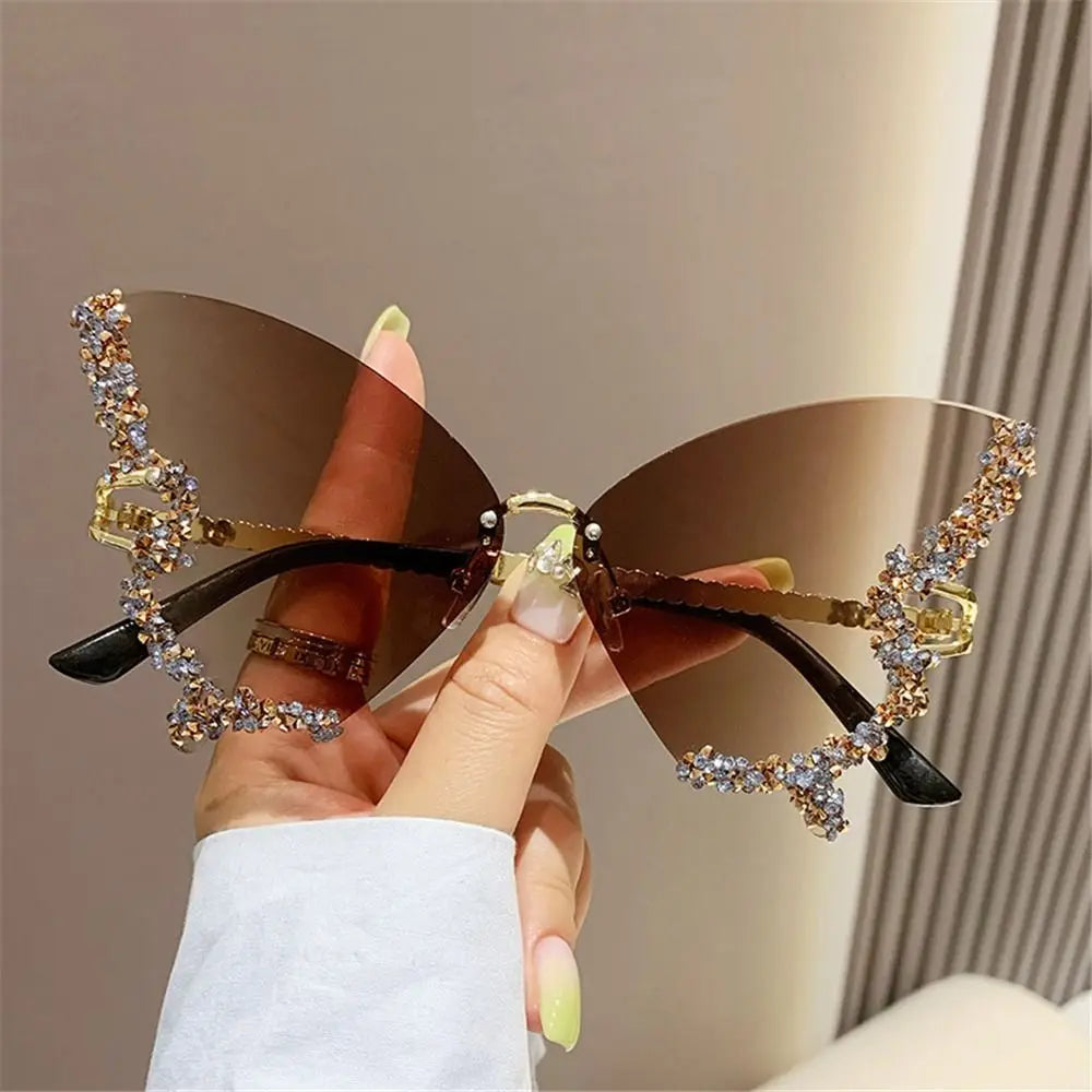Y2K Butterfly Bling Sunglasses for Women – Oversized Rimless Rhinestone Luxury Shades, Vintage Glam Eyewear