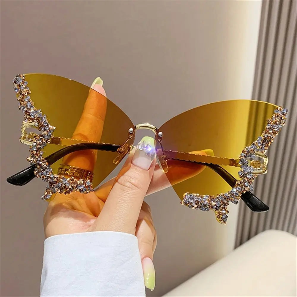 Y2K Butterfly Bling Sunglasses for Women – Oversized Rimless Rhinestone Luxury Shades, Vintage Glam Eyewear