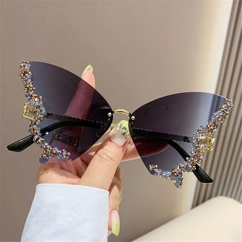 Y2K Butterfly Bling Sunglasses for Women – Oversized Rimless Rhinestone Luxury Shades, Vintage Glam Eyewear