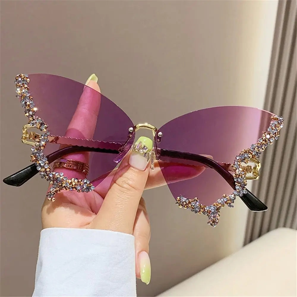 Y2K Butterfly Bling Sunglasses for Women – Oversized Rimless Rhinestone Luxury Shades, Vintage Glam Eyewear