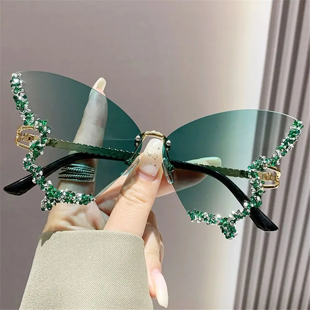 Y2K Butterfly Bling Sunglasses for Women – Oversized Rimless Rhinestone Luxury Shades, Vintage Glam Eyewear
