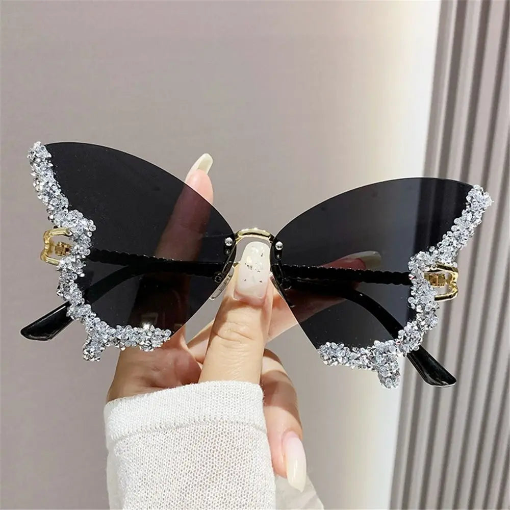 Y2K Butterfly Bling Sunglasses for Women – Oversized Rimless Rhinestone Luxury Shades, Vintage Glam Eyewear